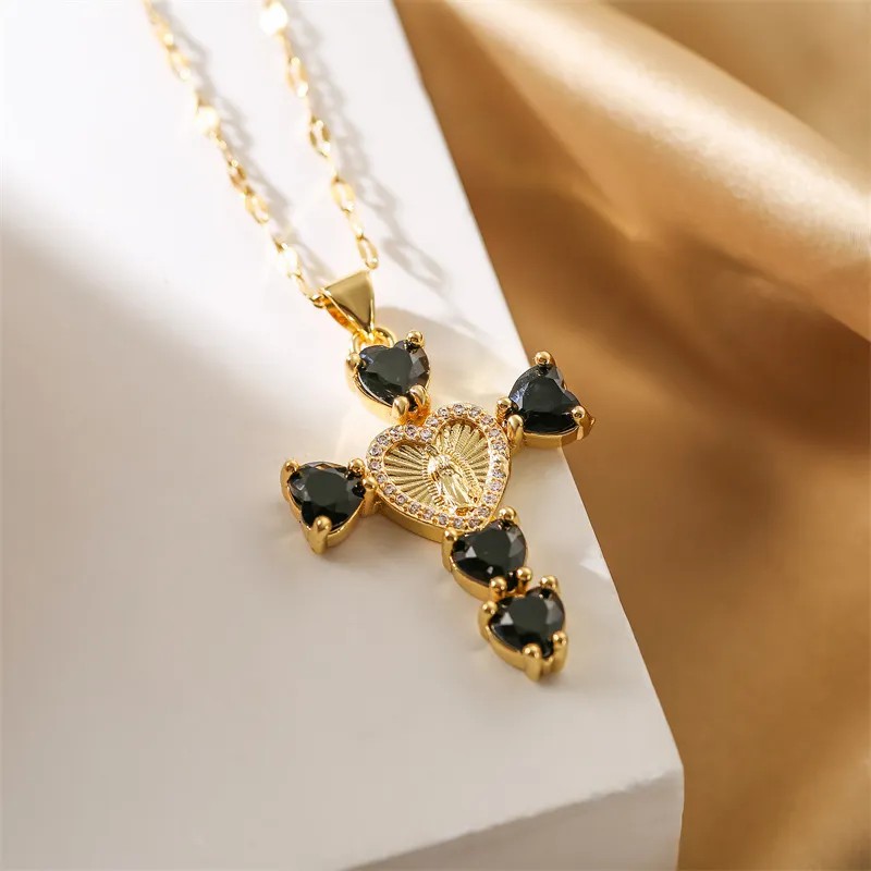 Simple Style Commute Human Cross Heart Shape Stainless Steel Copper Plating Inlay Zircon Gold Plated Pendant Necklace_colorza_6