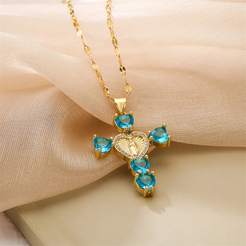 Simple Style Commute Human Cross Heart Shape Stainless Steel Copper Plating Inlay Zircon Gold Plated Pendant Necklace_colorza_7