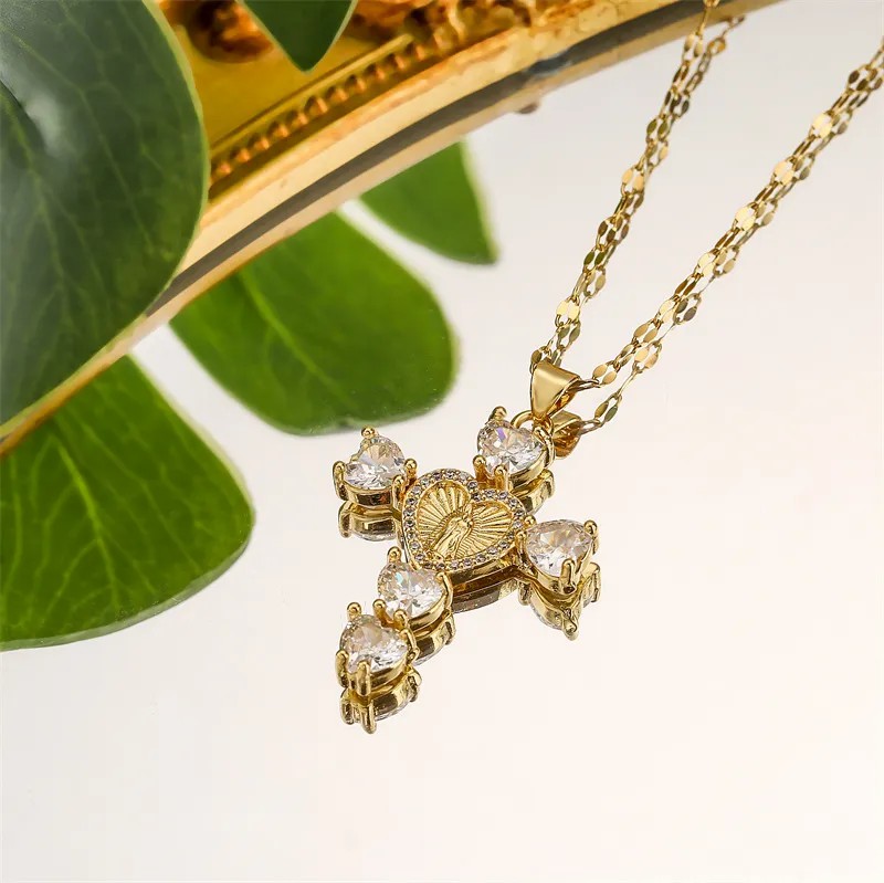 Simple Style Commute Human Cross Heart Shape Stainless Steel Copper Plating Inlay Zircon Gold Plated Pendant Necklace_colorza_9