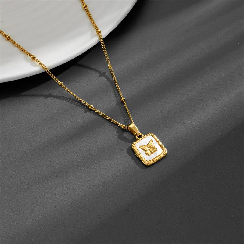 Elegant Sweet Butterfly Titanium Steel Plating Inlay Shell Pendant Necklace_colorza_1