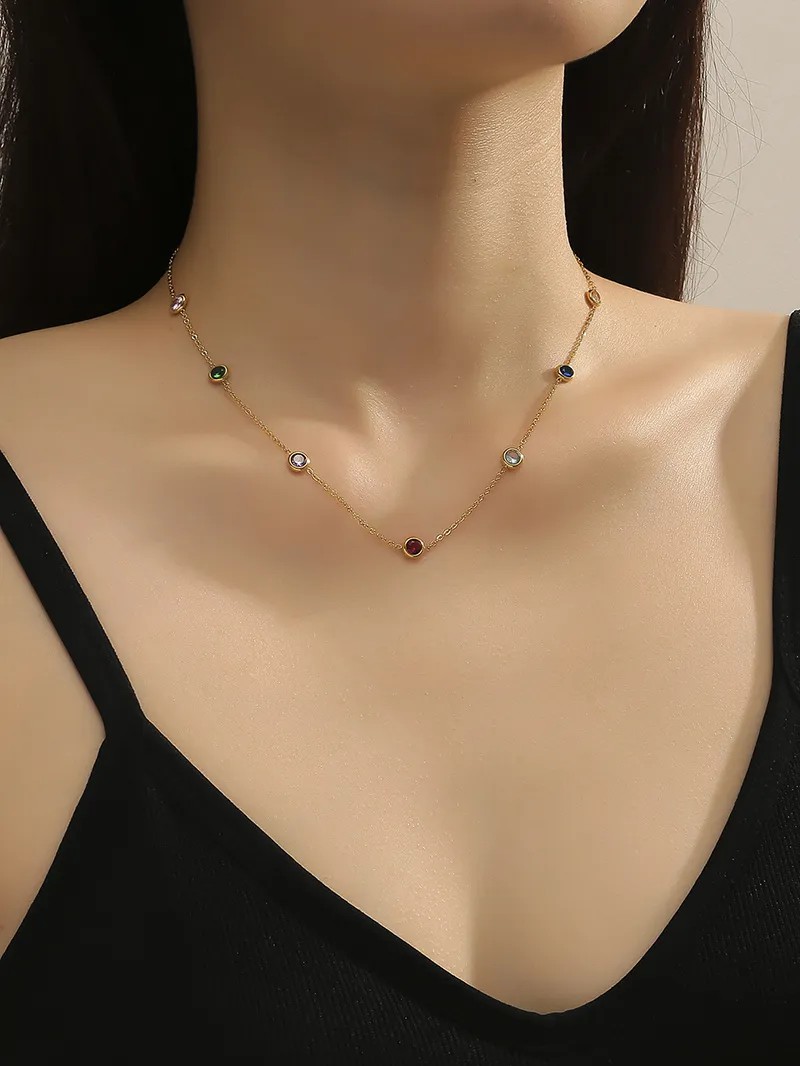 Casual Modern Style Round Titanium Steel Polishing Plating Inlay Rhinestones 18K Gold Plated Necklace_colorza_1