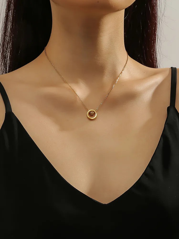 Casual Simple Style Round Number Titanium Steel Polishing Plating Inlay Rhinestones 18K Gold Plated Necklace_colorza_1