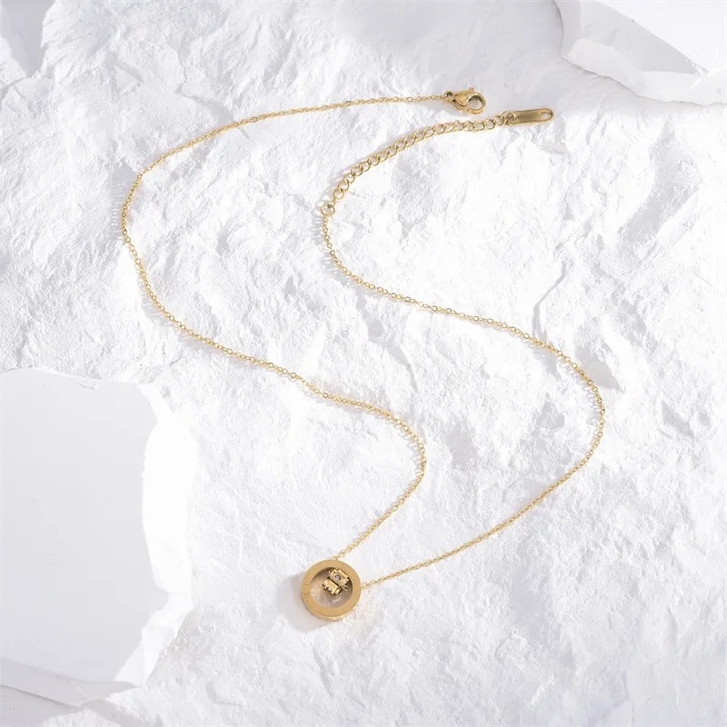 Casual Simple Style Round Number Titanium Steel Polishing Plating Inlay Rhinestones 18K Gold Plated Necklace_colorza_4