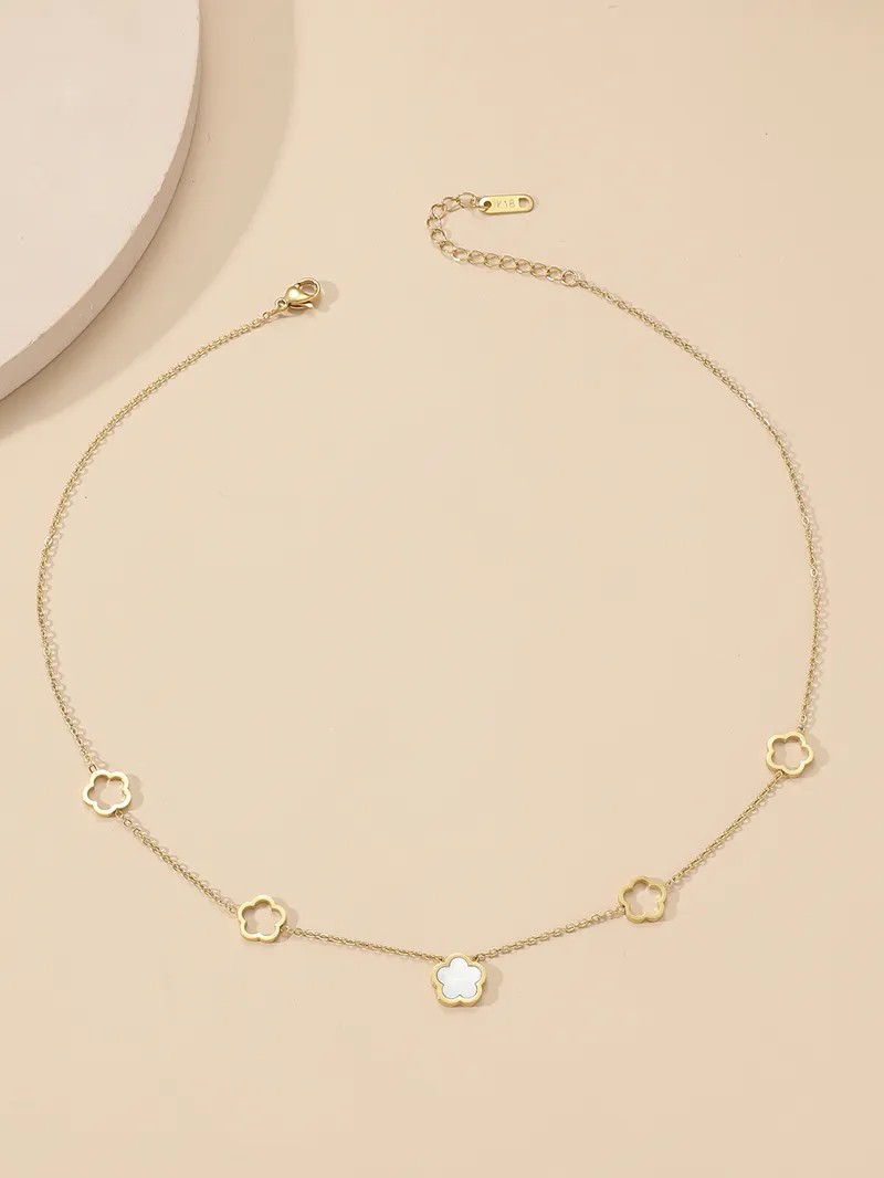 Modern Style Sweet Flower Titanium Steel Polishing Plating Inlay Shell 18K Gold Plated Necklace_colorza_3