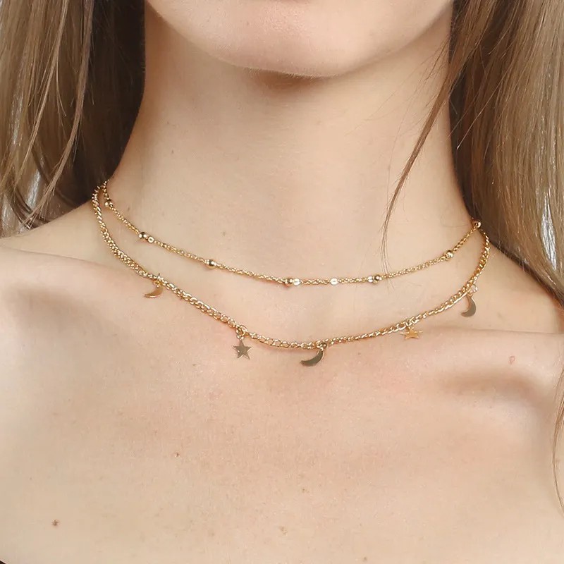 Simple Style Star Moon Titanium Steel Plating 18K Gold Plated Layered Necklaces_colorza_1