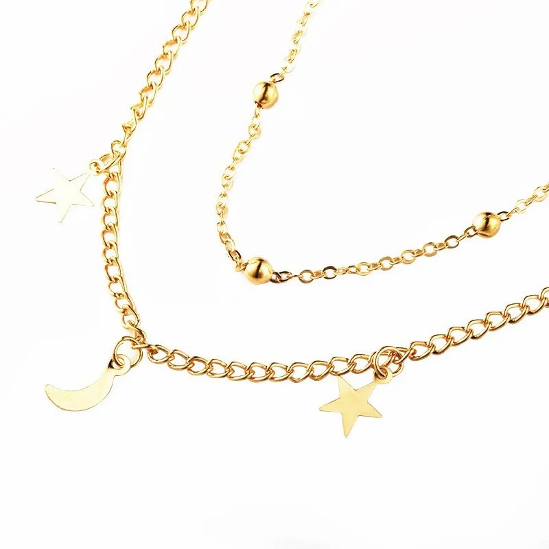 Simple Style Star Moon Titanium Steel Plating 18K Gold Plated Layered Necklaces_colorza_4