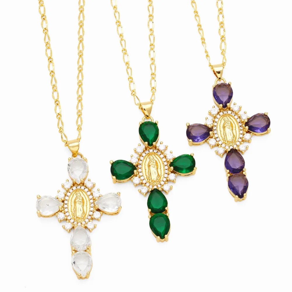 Artistic Human Cross Stainless Steel Copper Plating Inlay Zircon 18K Gold Plated Pendant Necklace_colorza_2