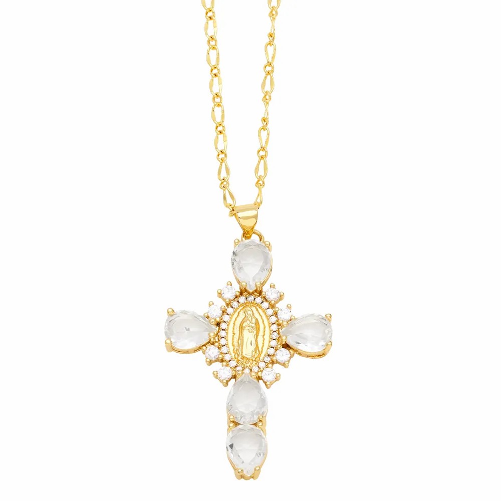 Artistic Human Cross Stainless Steel Copper Plating Inlay Zircon 18K Gold Plated Pendant Necklace_colorza_3