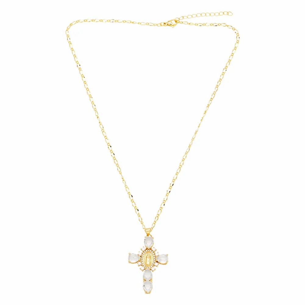 Artistic Human Cross Stainless Steel Copper Plating Inlay Zircon 18K Gold Plated Pendant Necklace_colorza_6