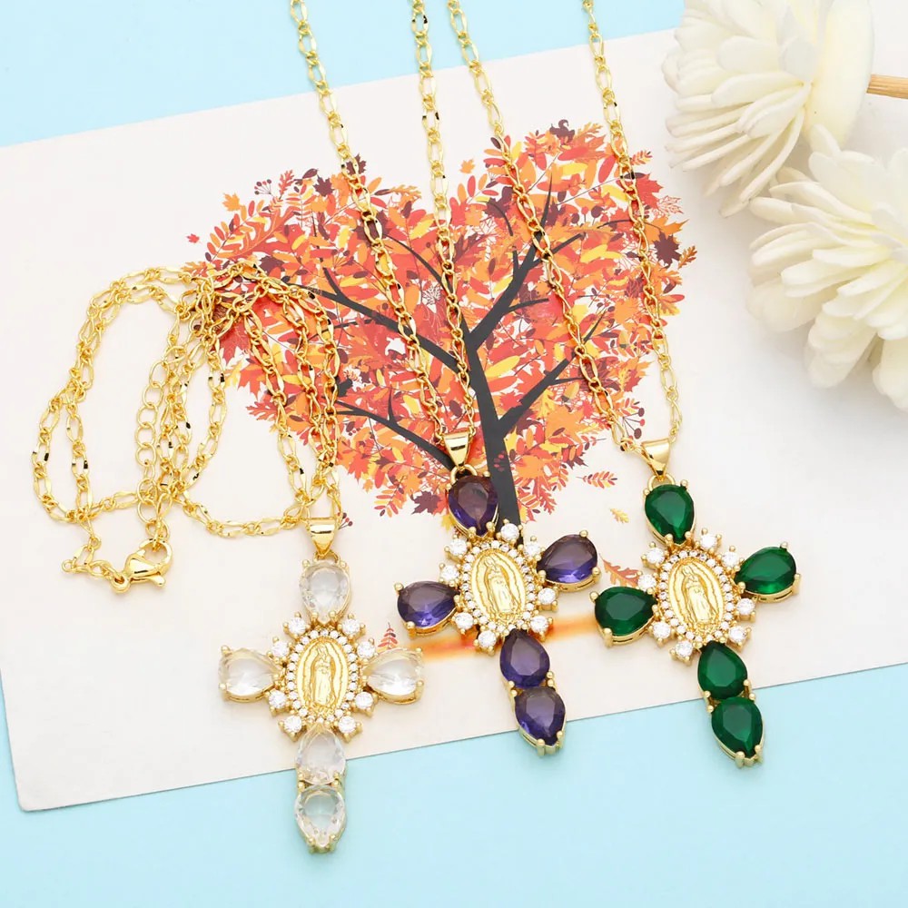 Artistic Human Cross Stainless Steel Copper Plating Inlay Zircon 18K Gold Plated Pendant Necklace_colorza_8