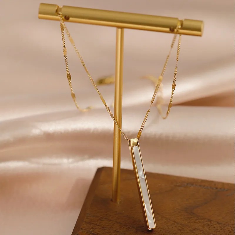 Vintage Style Simple Style Rectangle Titanium Steel Plating Inlay Shell 18K Gold Plated Pendant Necklace_colorza_1