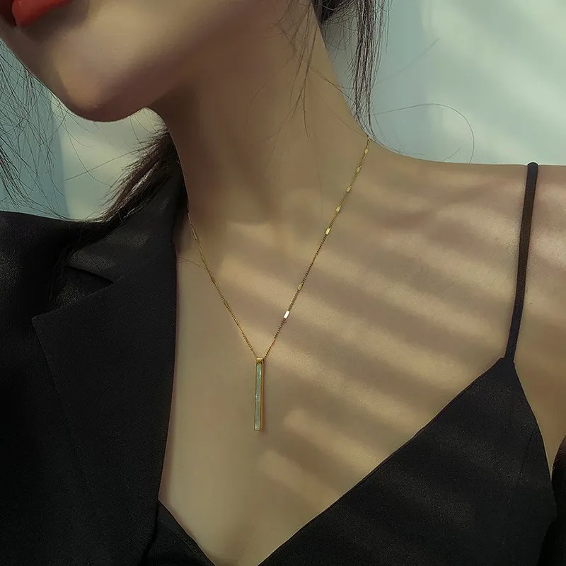 Vintage Style Simple Style Rectangle Titanium Steel Plating Inlay Shell 18K Gold Plated Pendant Necklace_colorza_3