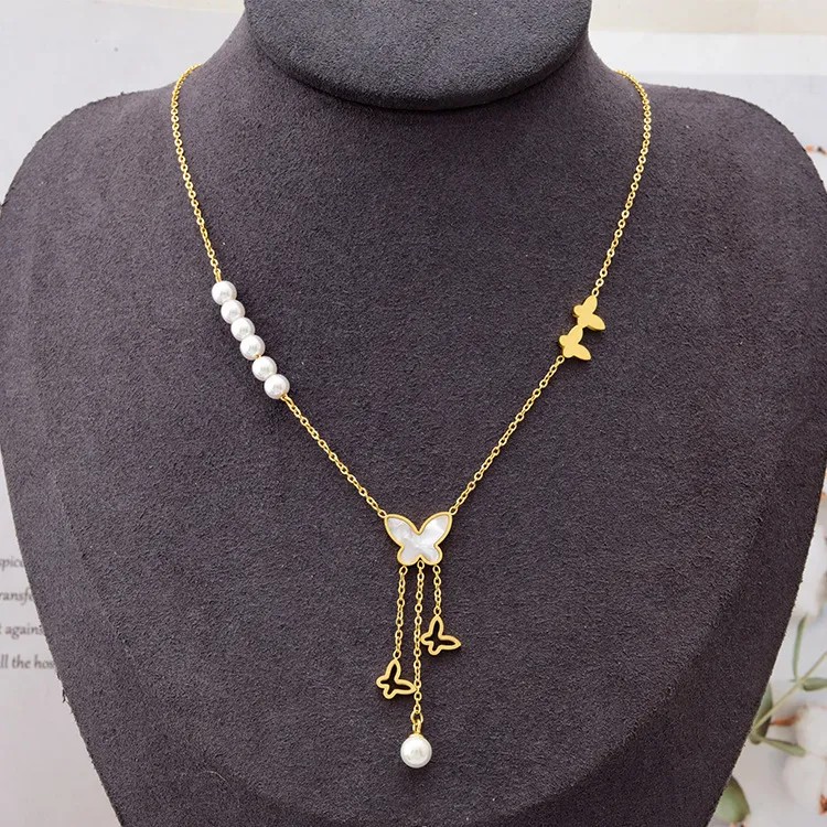 Vintage Style Sweet Butterfly Titanium Steel Beaded Plating Inlay Pearl Shell 18K Gold Plated Pendant Necklace_colorza_1