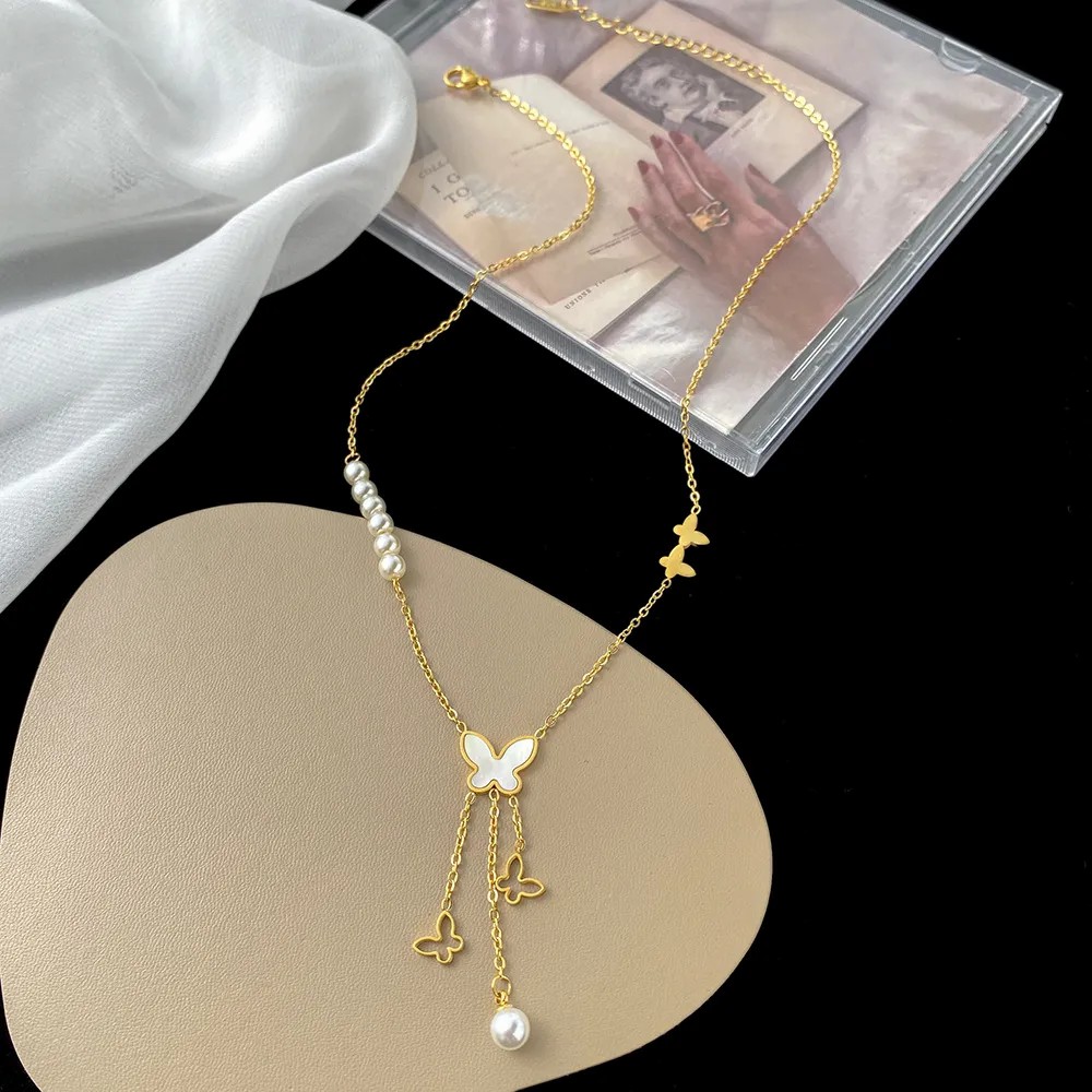 Vintage Style Sweet Butterfly Titanium Steel Beaded Plating Inlay Pearl Shell 18K Gold Plated Pendant Necklace_colorza_3