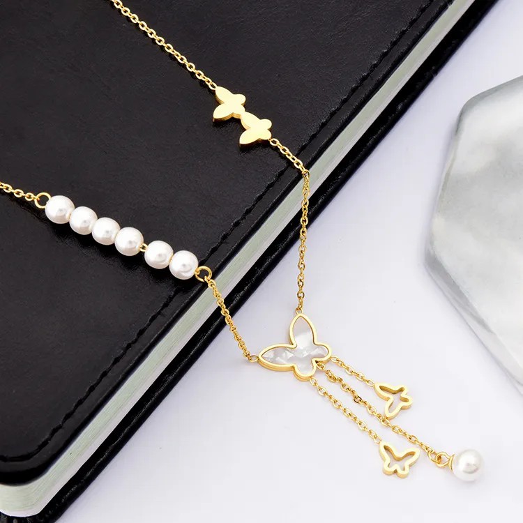 Vintage Style Sweet Butterfly Titanium Steel Beaded Plating Inlay Pearl Shell 18K Gold Plated Pendant Necklace_colorza_4