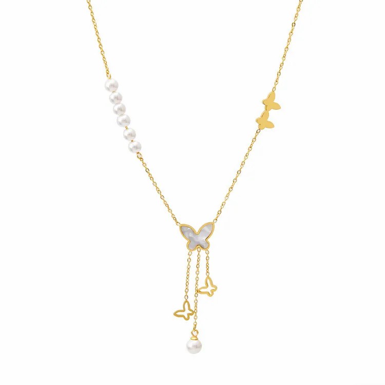 Vintage Style Sweet Butterfly Titanium Steel Beaded Plating Inlay Pearl Shell 18K Gold Plated Pendant Necklace_colorza_5