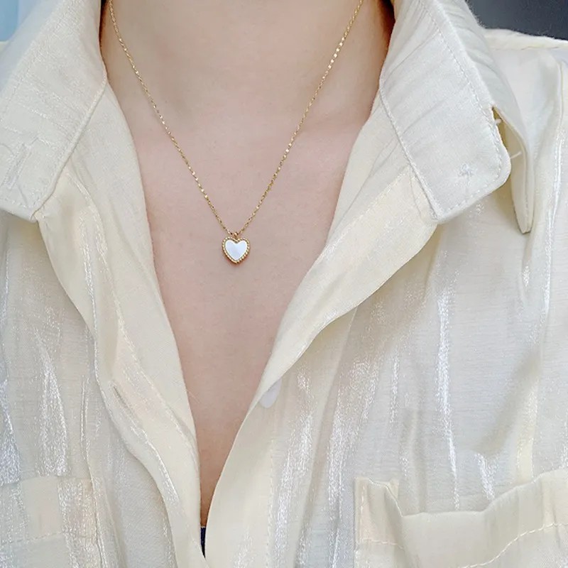 Vintage Style Sweet Heart Shape Titanium Steel Plating Inlay Shell 18K Gold Plated Pendant Necklace_colorza_3