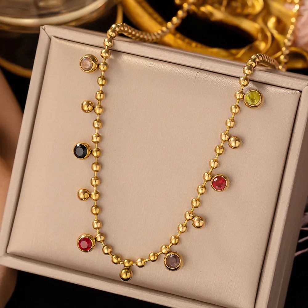 Vintage Style Simple Style Round Titanium Steel Plating Inlay Zircon 18K Gold Plated Necklace_colorza_1