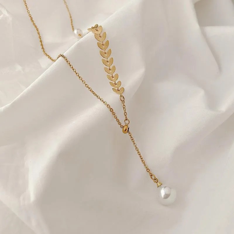 Elegant Vintage Style Grain Titanium Steel Plating Inlay Pearl 18K Gold Plated Pendant Necklace_colorza_1