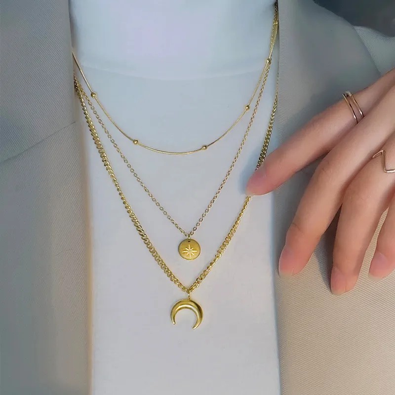 Casual Simple Style Moon Titanium Steel Plating 18K Gold Plated Layered Necklaces_colorza_2