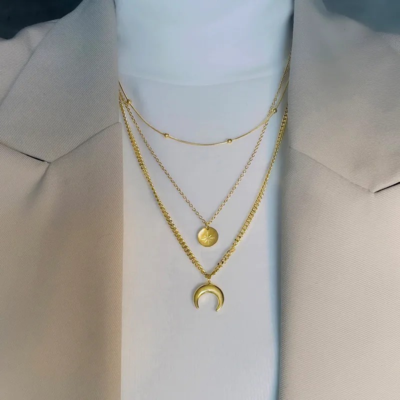 Casual Simple Style Moon Titanium Steel Plating 18K Gold Plated Layered Necklaces_colorza_4