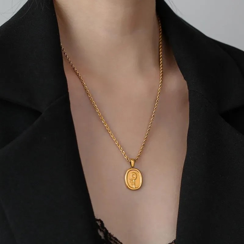 Casual Vintage Style Sunflower Square Titanium Steel Plating 18K Gold Plated Pendant Necklace_colorza_4