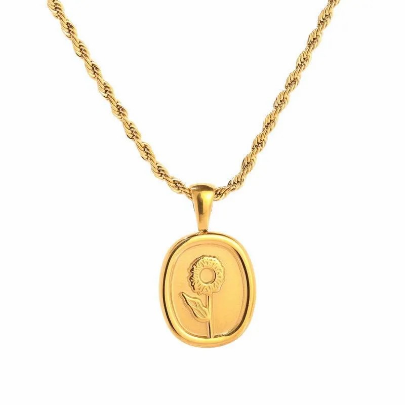 Casual Vintage Style Sunflower Square Titanium Steel Plating 18K Gold Plated Pendant Necklace_colorza_5