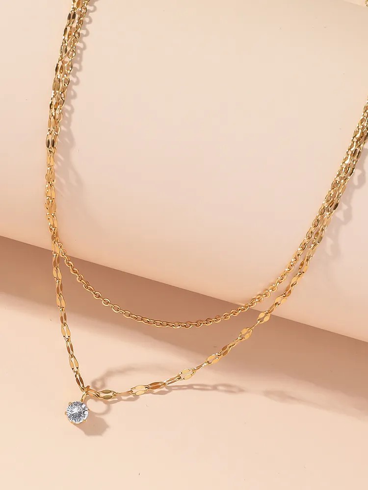 Modern Style Simple Style Round Titanium Steel Polishing Plating Inlay Rhinestones 18K Gold Plated Layered Necklaces_colorza_2