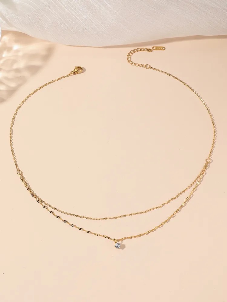 Modern Style Simple Style Round Titanium Steel Polishing Plating Inlay Rhinestones 18K Gold Plated Layered Necklaces_colorza_3