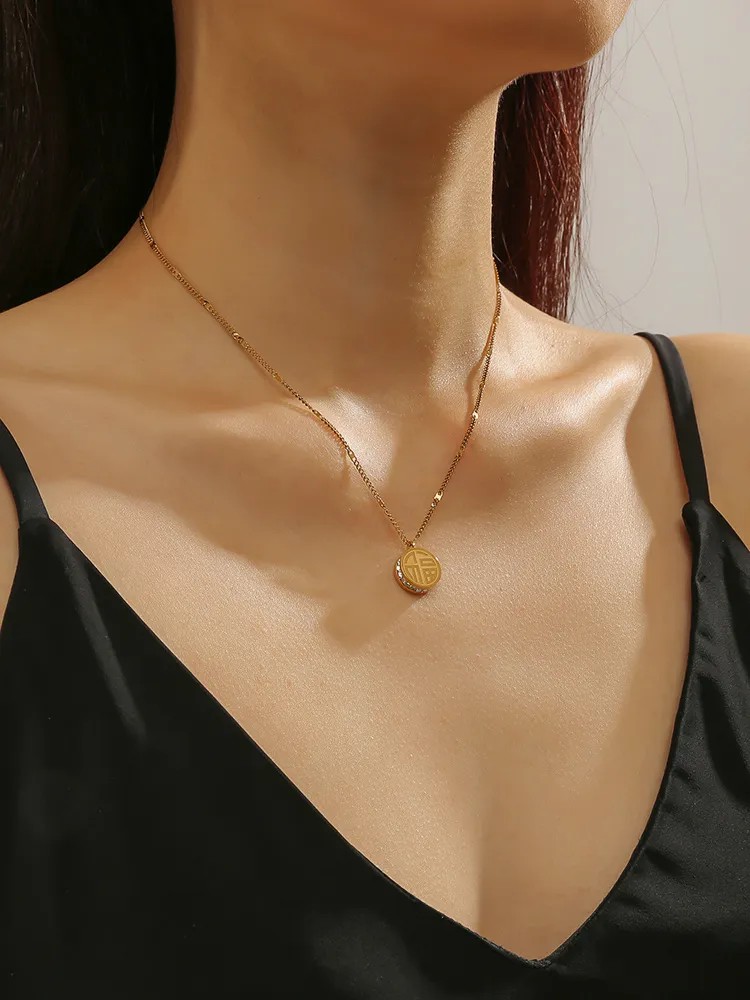 Modern Style Simple Style Round Chinese Character Titanium Steel Polishing Plating Inlay Rhinestones 18K Gold Plated Necklace_colorza_1