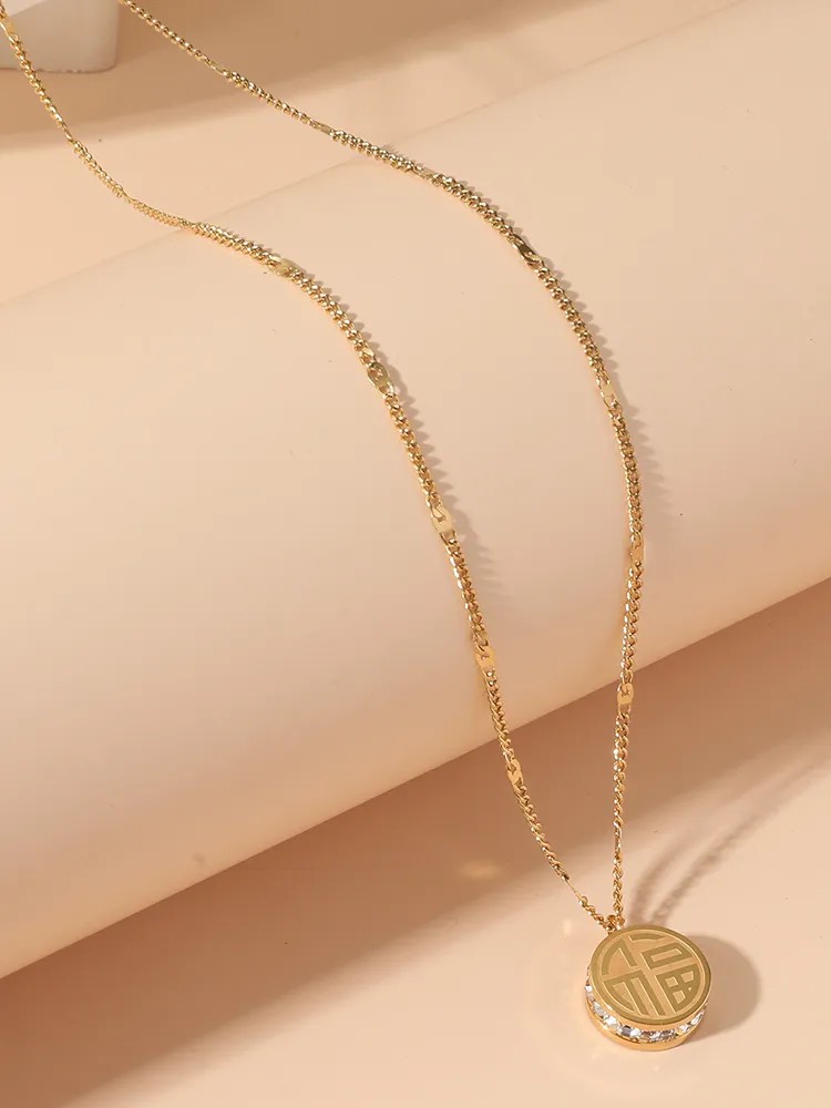 Modern Style Simple Style Round Chinese Character Titanium Steel Polishing Plating Inlay Rhinestones 18K Gold Plated Necklace_colorza_2