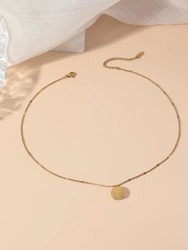 Modern Style Simple Style Round Chinese Character Titanium Steel Polishing Plating Inlay Rhinestones 18K Gold Plated Necklace_colorza_3