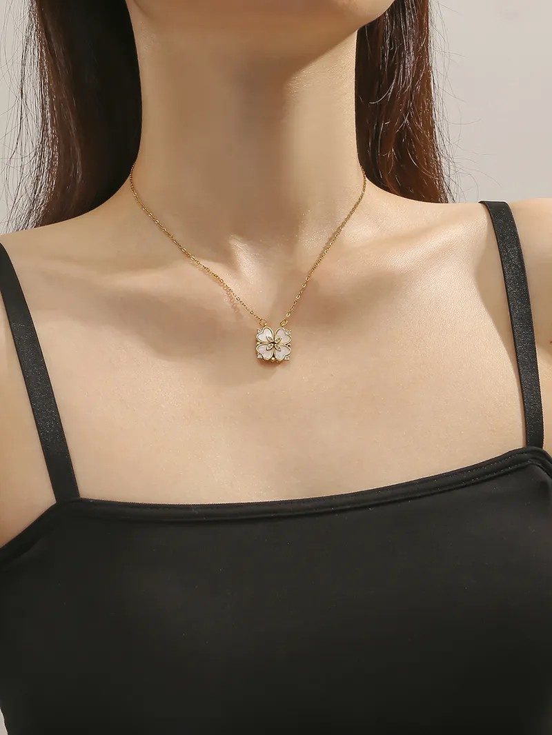 Casual Modern Style Four Leaf Clover Heart Shape Titanium Steel Polishing Plating Inlay Rhinestones Shell 18K Gold Plated Necklace_colorza_1