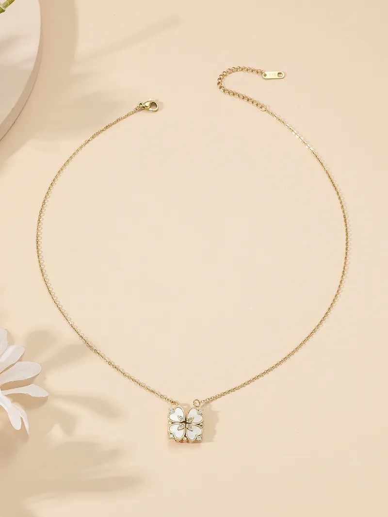 Casual Modern Style Four Leaf Clover Heart Shape Titanium Steel Polishing Plating Inlay Rhinestones Shell 18K Gold Plated Necklace_colorza_2