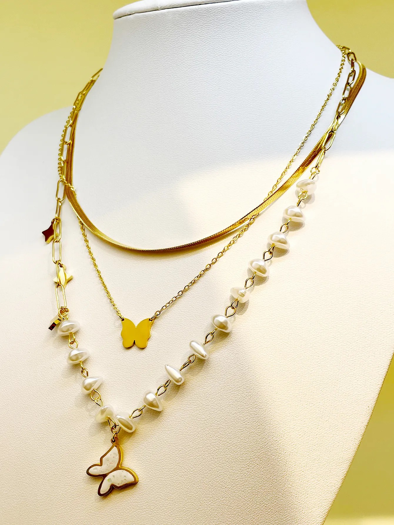 Casual Sweet Star Butterfly Stainless Steel Enamel Pearl Plating Gold Plated Layered Necklaces_colorza_1
