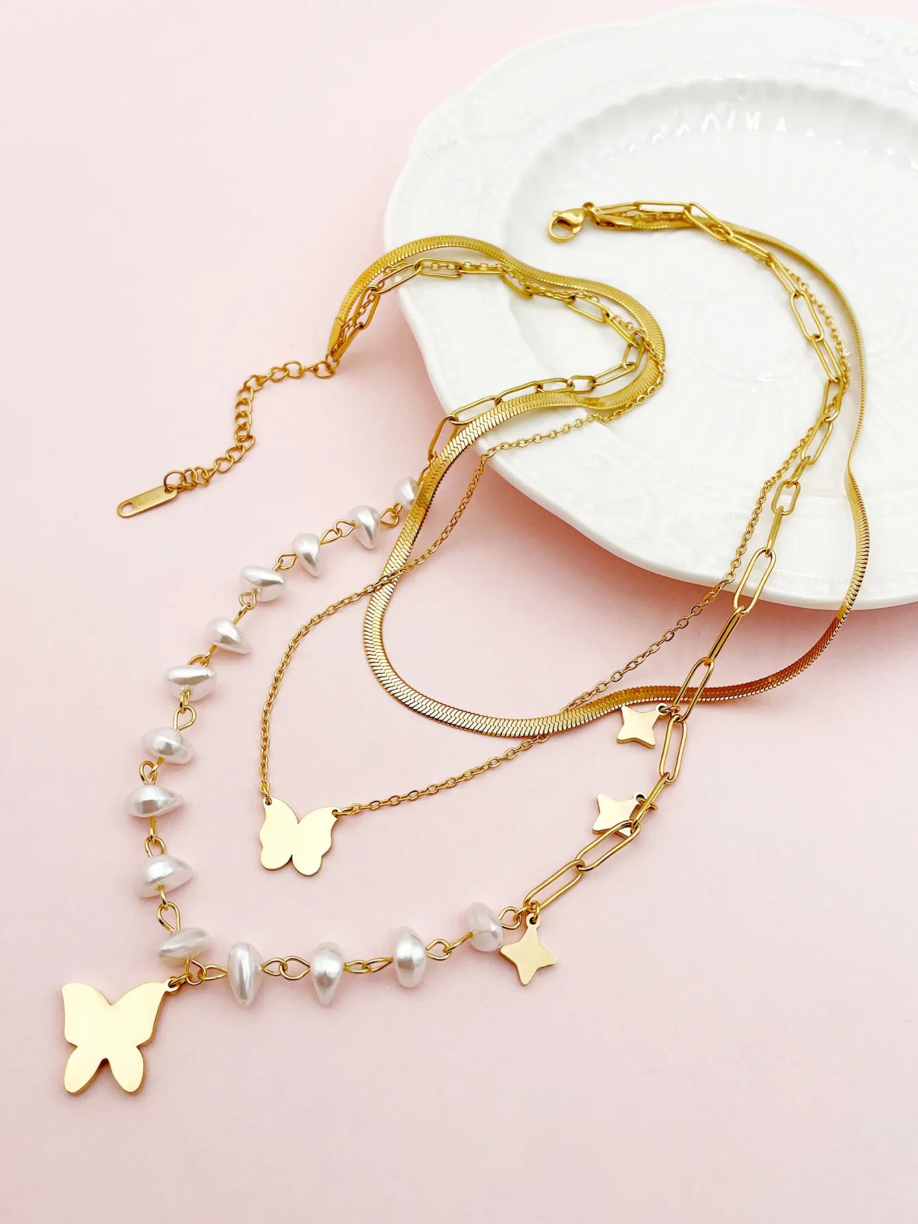 Casual Sweet Star Butterfly Stainless Steel Enamel Pearl Plating Gold Plated Layered Necklaces_colorza_2