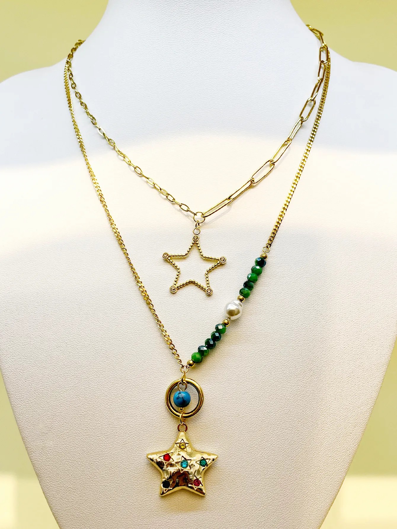 Casual Vacation Modern Style Pentagram Stainless Steel Beaded Plating Inlay Crystal Zircon Gold Plated Layered Necklaces_colorza_1