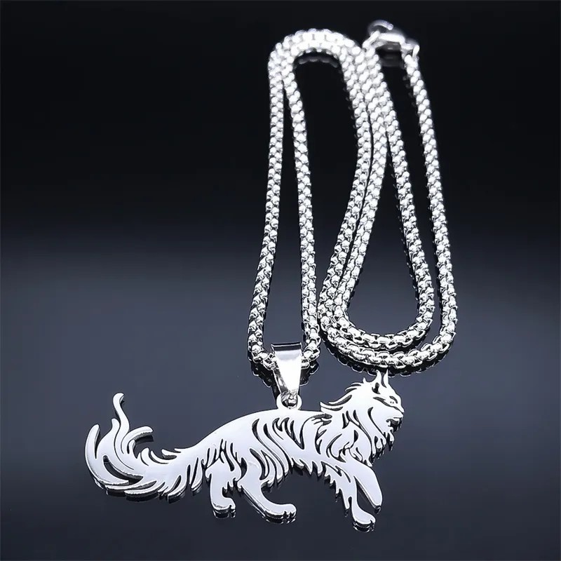 Gothic Hip-Hop Cat Stainless Steel Hollow Out Pendant Necklace Long Necklace_colorza_1