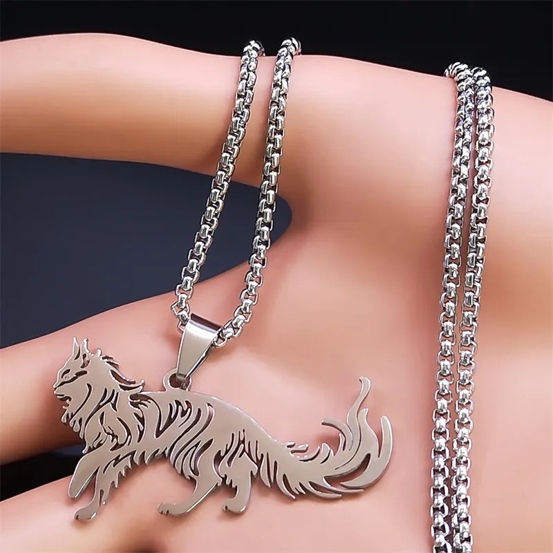 Gothic Hip-Hop Cat Stainless Steel Hollow Out Pendant Necklace Long Necklace_colorza_4
