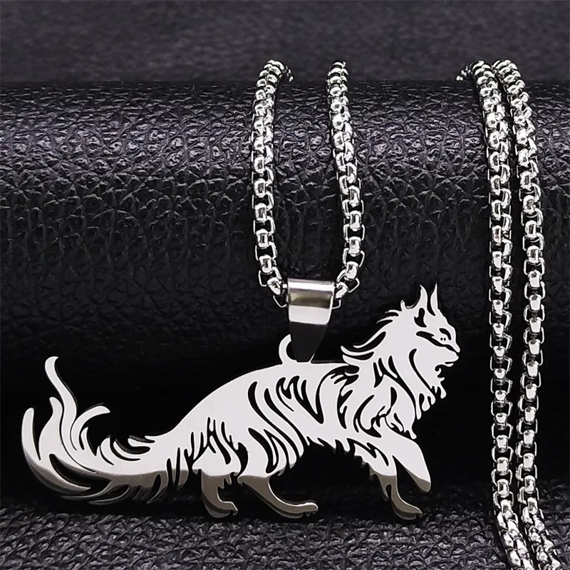 Gothic Hip-Hop Cat Stainless Steel Hollow Out Pendant Necklace Long Necklace_colorza_6