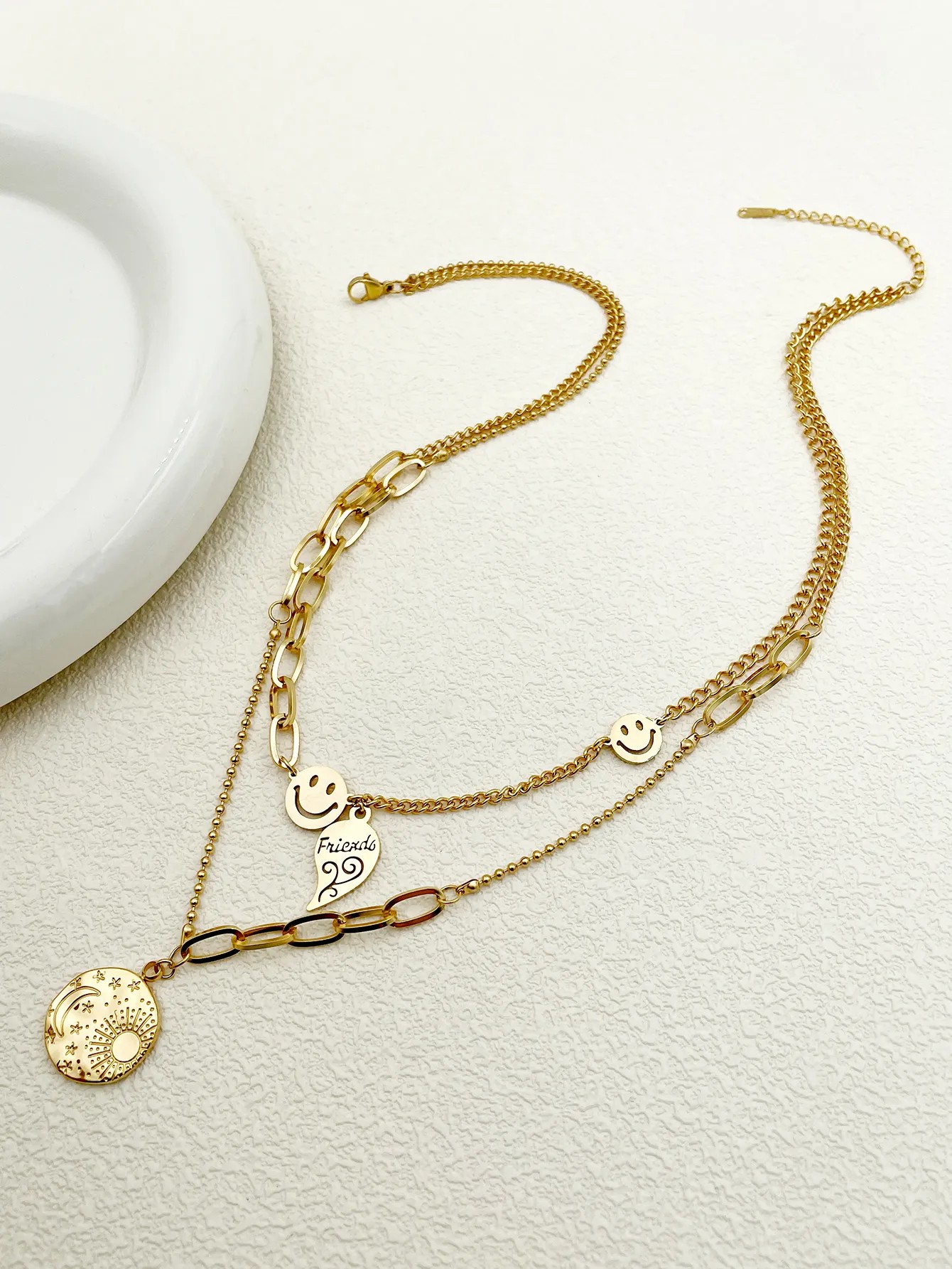 Casual Modern Style Sun Moon Smiley Face Stainless Steel Layered Polishing Plating Gold Plated Layered Necklaces_colorza_1