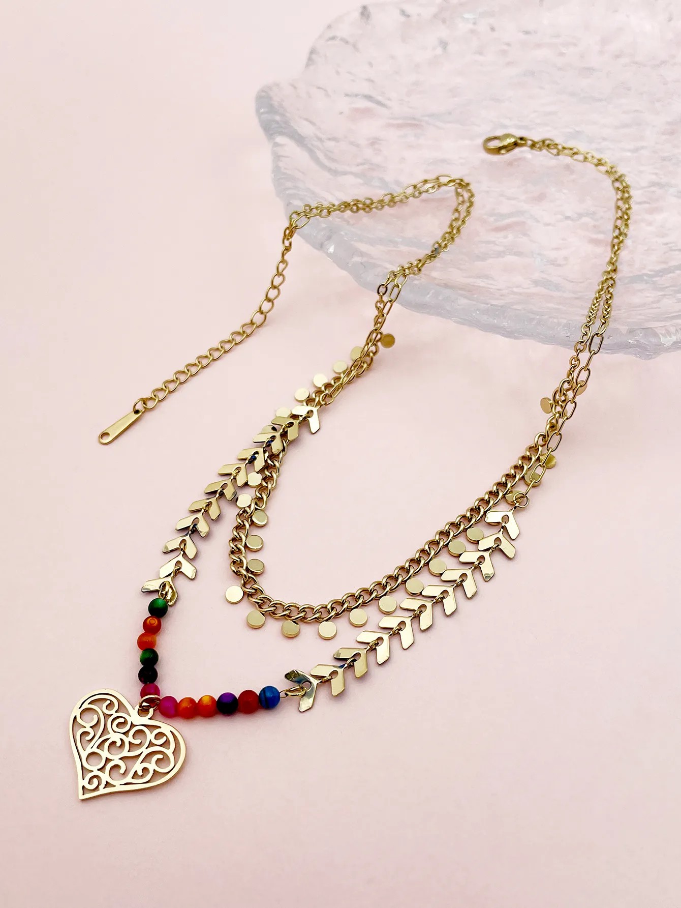 Casual Vacation Heart Shape Stainless Steel Layered Enamel Plating Gold Plated Layered Necklaces_colorza_2