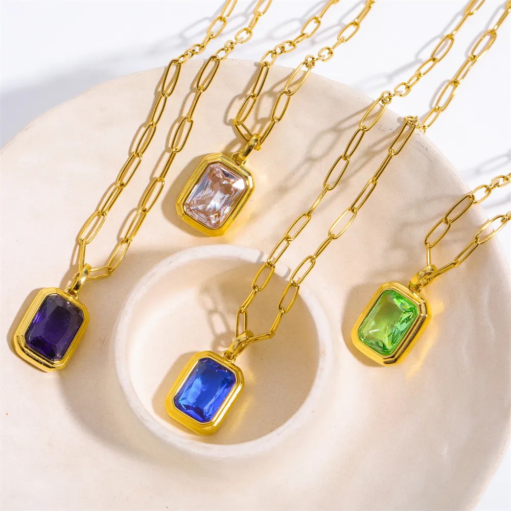 Elegant Vintage Style Square Stainless Steel Plating Inlay Zircon 18K Gold Plated Pendant Necklace Long Necklace_colorza_2