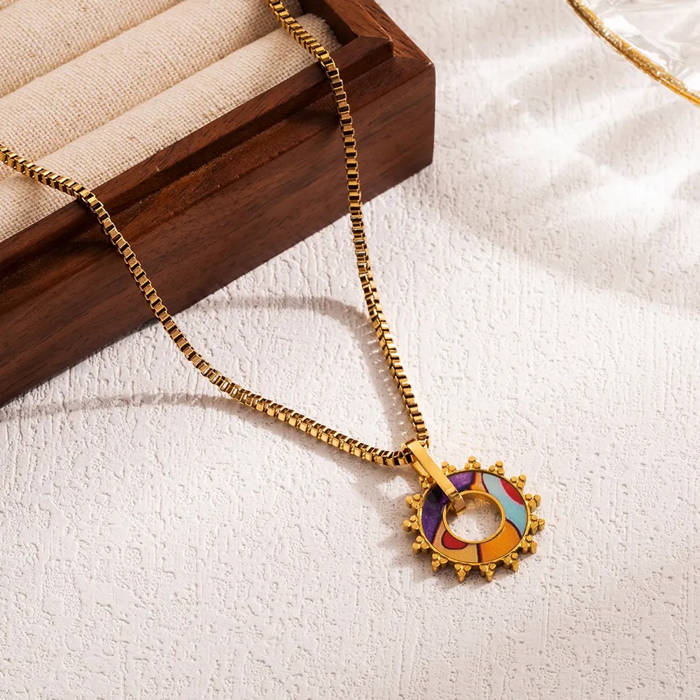 IG Style Artistic Clouds Star Moon Stainless Steel Enamel 18K Gold Plated Pendant Necklace_colorza_1