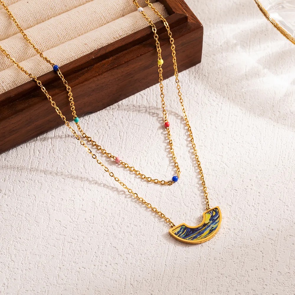 IG Style Artistic Clouds Star Moon Stainless Steel Enamel 18K Gold Plated Pendant Necklace_colorza_2
