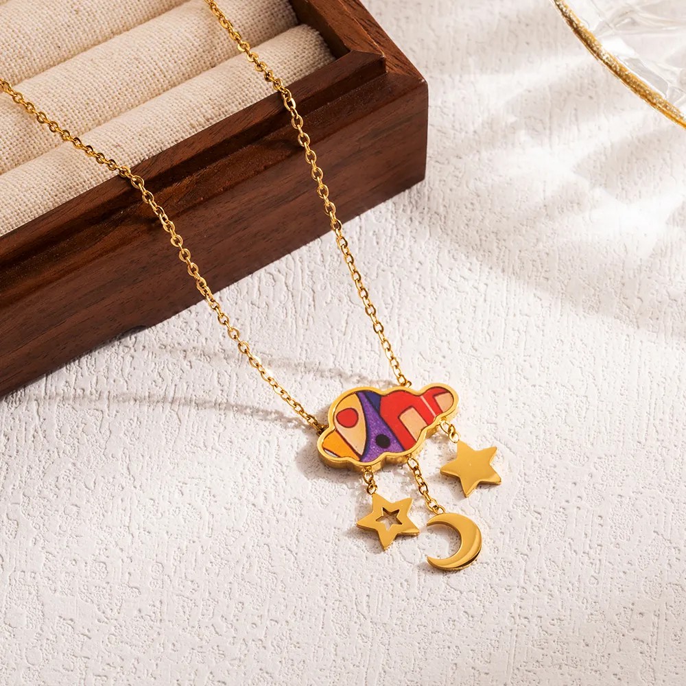 IG Style Artistic Clouds Star Moon Stainless Steel Enamel 18K Gold Plated Pendant Necklace_colorza_3