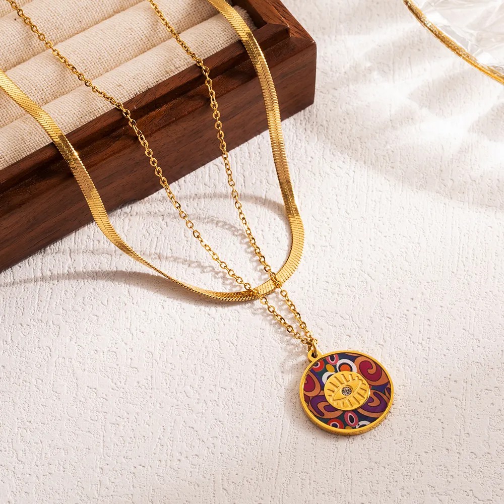 IG Style Artistic Clouds Star Moon Stainless Steel Enamel 18K Gold Plated Pendant Necklace_colorza_4