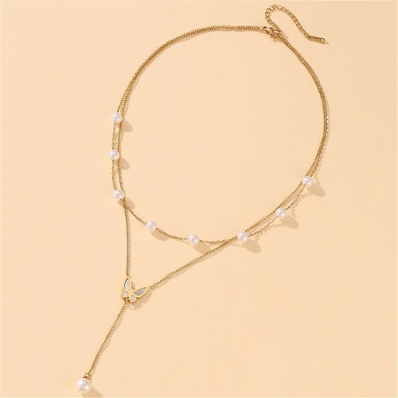 Elegant Butterfly Titanium Steel Plating Inlay Artificial Pearls Shell 18K Gold Plated Layered Necklaces_colorza_2