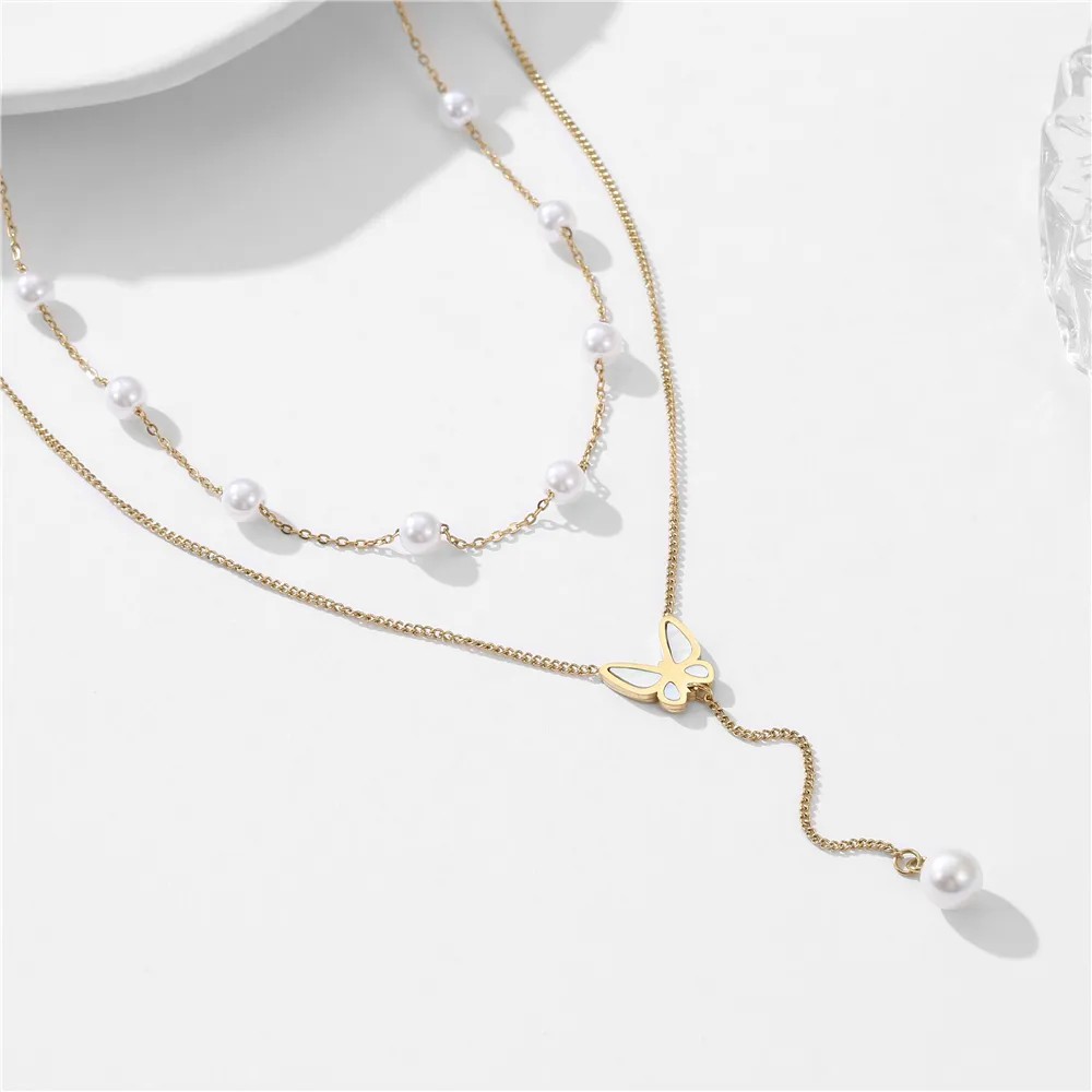 Elegant Butterfly Titanium Steel Plating Inlay Artificial Pearls Shell 18K Gold Plated Layered Necklaces_colorza_3