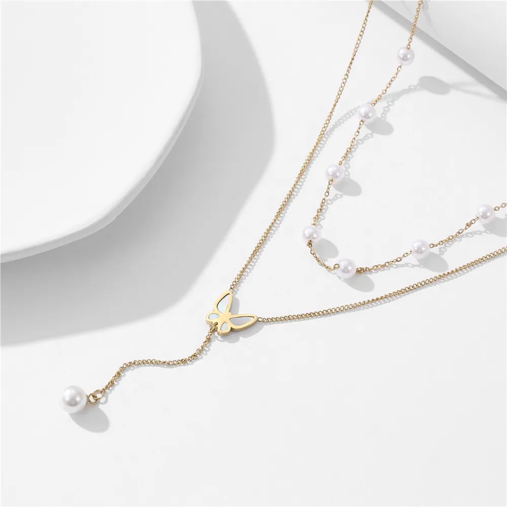Elegant Butterfly Titanium Steel Plating Inlay Artificial Pearls Shell 18K Gold Plated Layered Necklaces_colorza_4